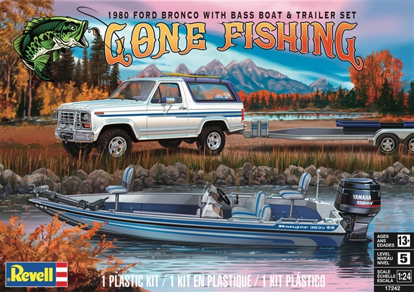 Gone Fishing 1980 Ford Bronco with Bass Boat and Trailer (1/24) (fs) Back  in Stock!